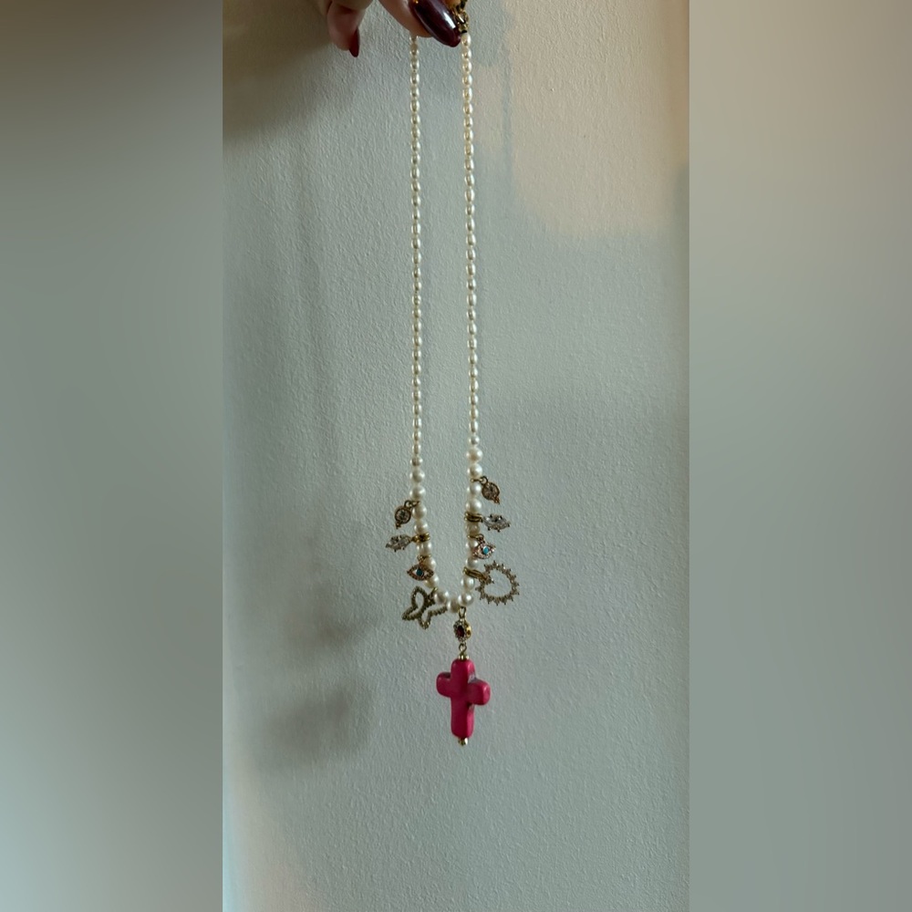 Vanessa Mooney Pearl Necklace with Red Cross Charm